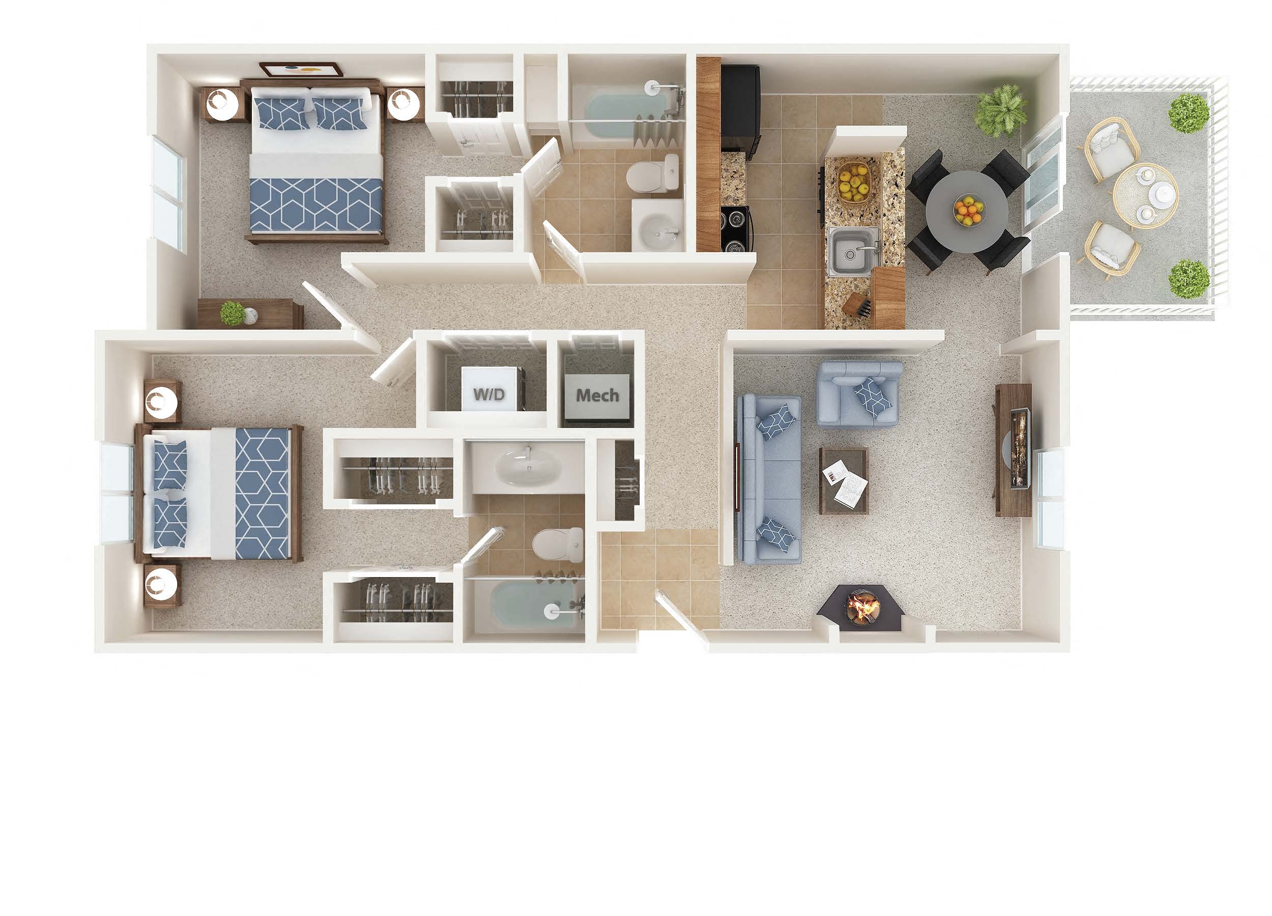Floor plan for 2 beds, 2 baths, 943 sqft